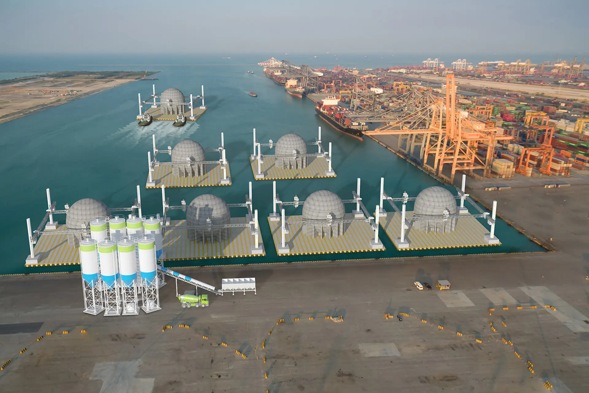 Рендер, изображающий сборку сфер StEnSea и их отправку в море из дока.