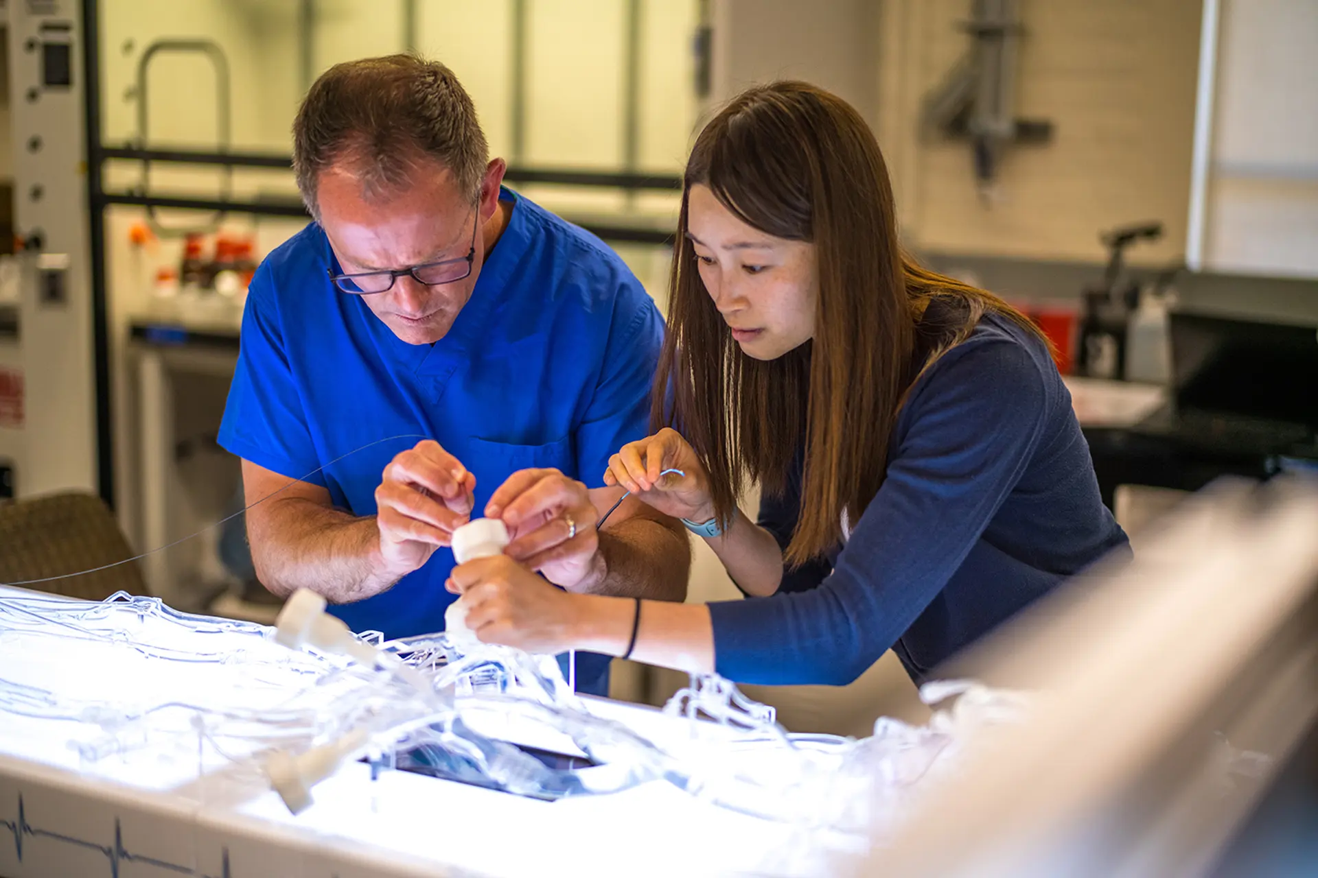 Джереми Хейт (слева) и Рене Чжао демонстрируют, как вставить миллиспиннер, используя модель кровеносной системы человека в натуральную величину.