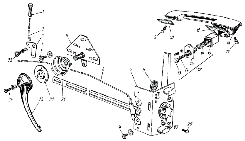 На этой иллюстрации, выполненной по оригинальному образцу Chevrolet, показана внутренняя и внешняя часть с защелкой и поворотной ручкой на модели 1962 года.