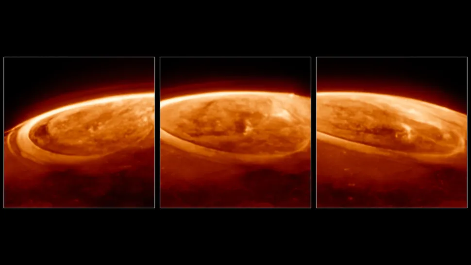 Эти наблюдения за полярными сияниями на Юпитере, сделанные с помощью камеры NIRCam (Near-Infrared Camera) телескопа JWST 25 декабря 2023 года, запечатлели новые детали полярных сияний на крупнейшей планете нашей Солнечной системы.