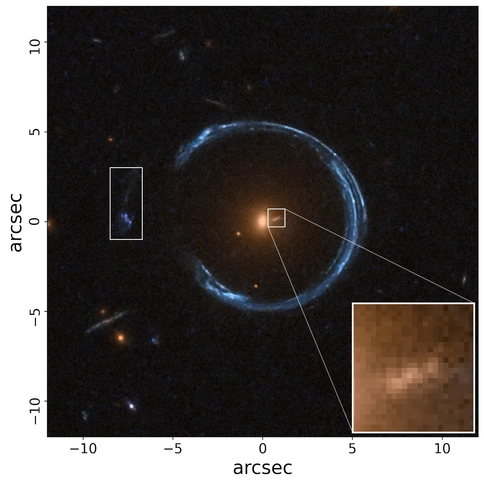 Ещё одно изображение Космической Подковы, но с выделенной парой изображений второго фонового источника. Тусклое центральное изображение формируется вблизи чёрной дыры, что и сделало возможным новое открытие.