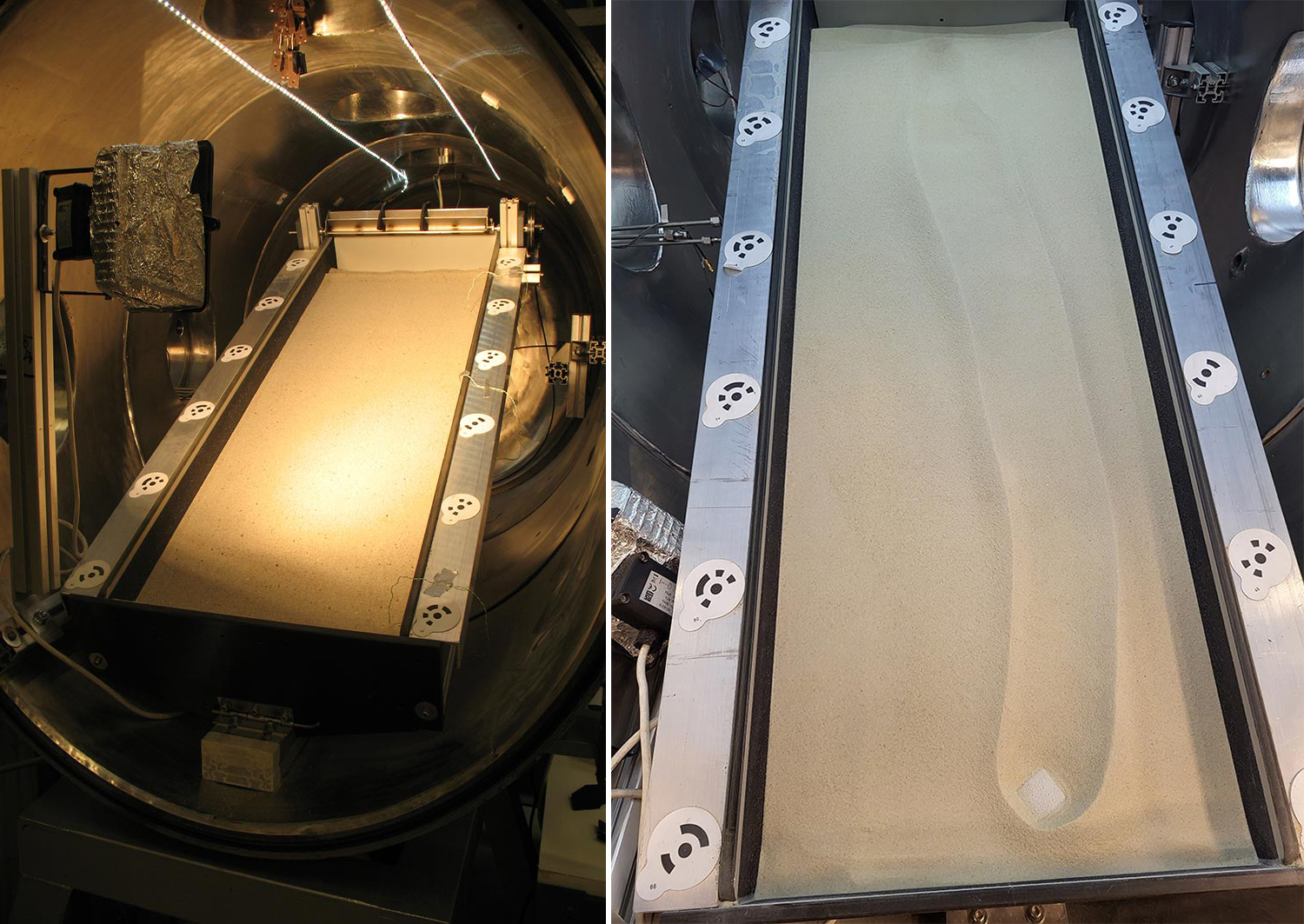 Установка перед и после эксперимента в Марсианской камере. Лёд из CO2 (всё ещё видимый на дне) оставил след в песке.