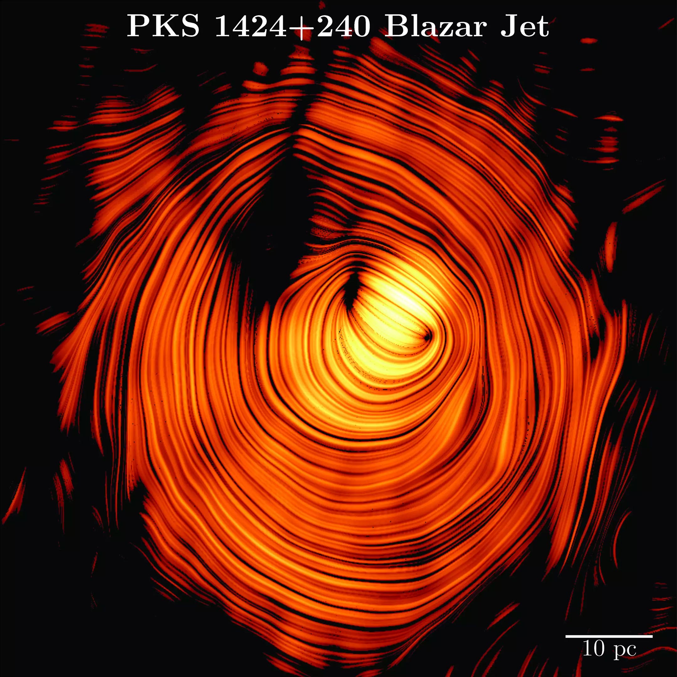 «Око Саурона» — впечатляющее изображение плазменного джета в блазаре PKS 1424+240, вид спереди. Струя пронизана почти идеальным тороидальным магнитным полем (показано оранжевым).