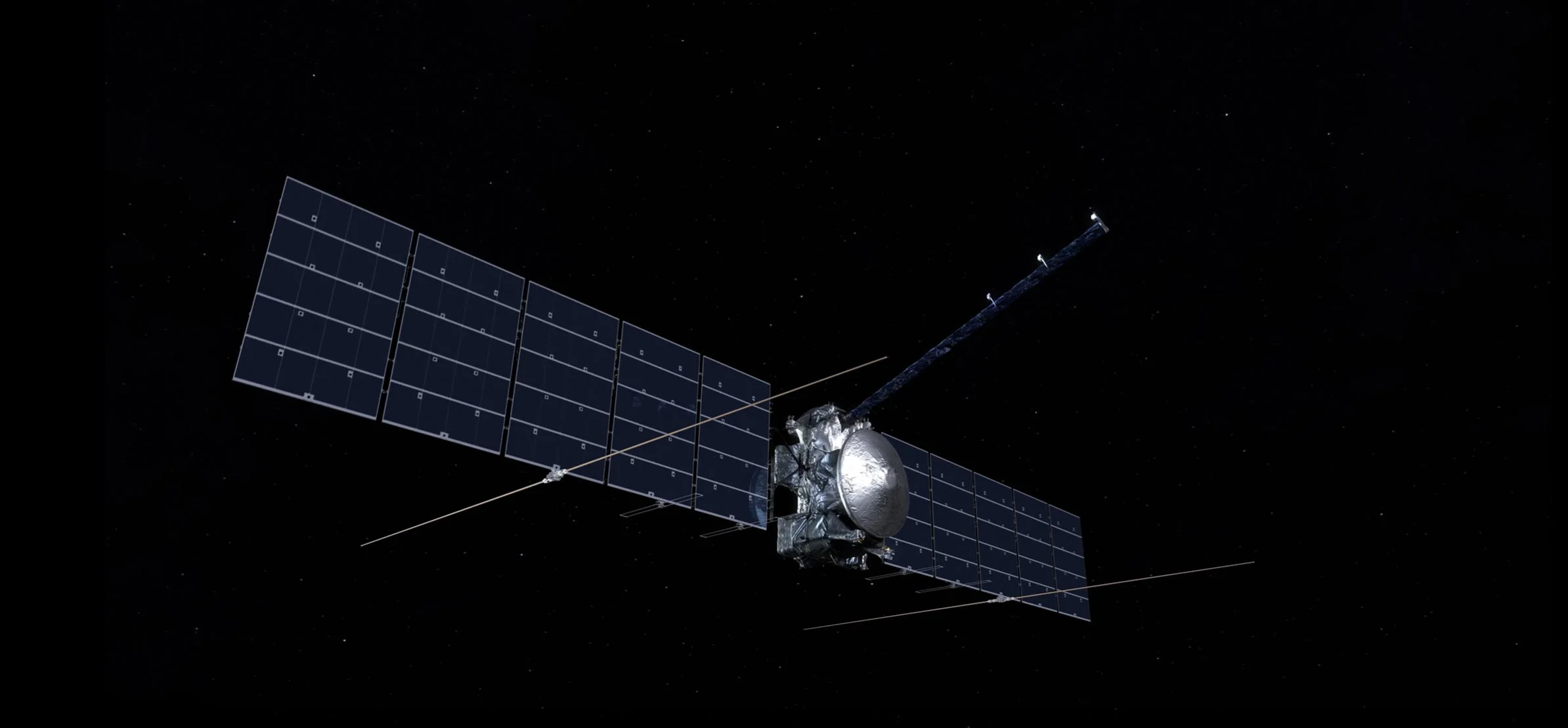 На этом изображении художника радарные антенны Europa Clipper, видимые на нижнем краю солнечных панелей, полностью раскрыты.