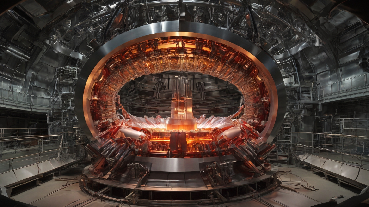 Термоядерный реактор токамак с плазменным кольцом внутри металлической камеры